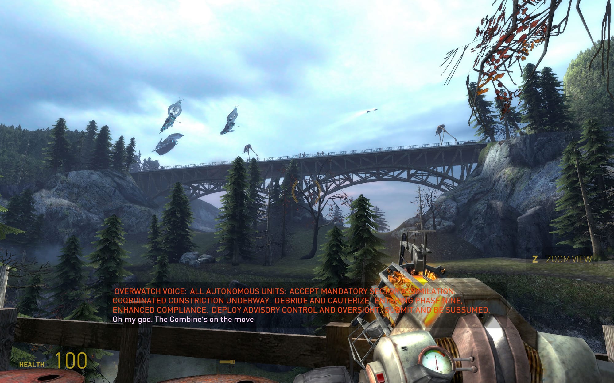 A screenshot of the start of the Freeman Pontifex chapter of HL2: Episode Two. It features The Combine army mobilizing to reach White Forest via a bridge. It features striders, gunships, scanners, dropships, and soldiers.