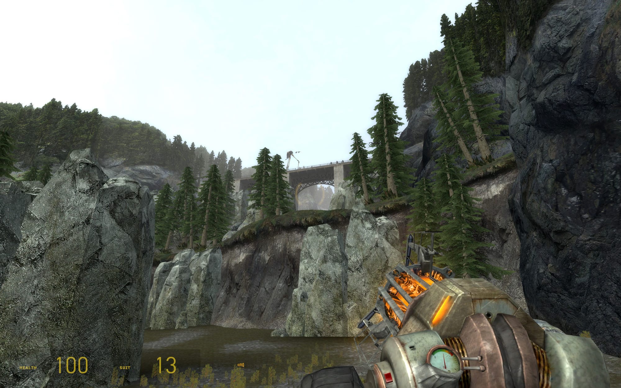 A screenshot of the HL2: Episode Two beta map Outland 05a. It shows Combine soldiers, scanners, and a strider crossing a bridge to reach White Forest.