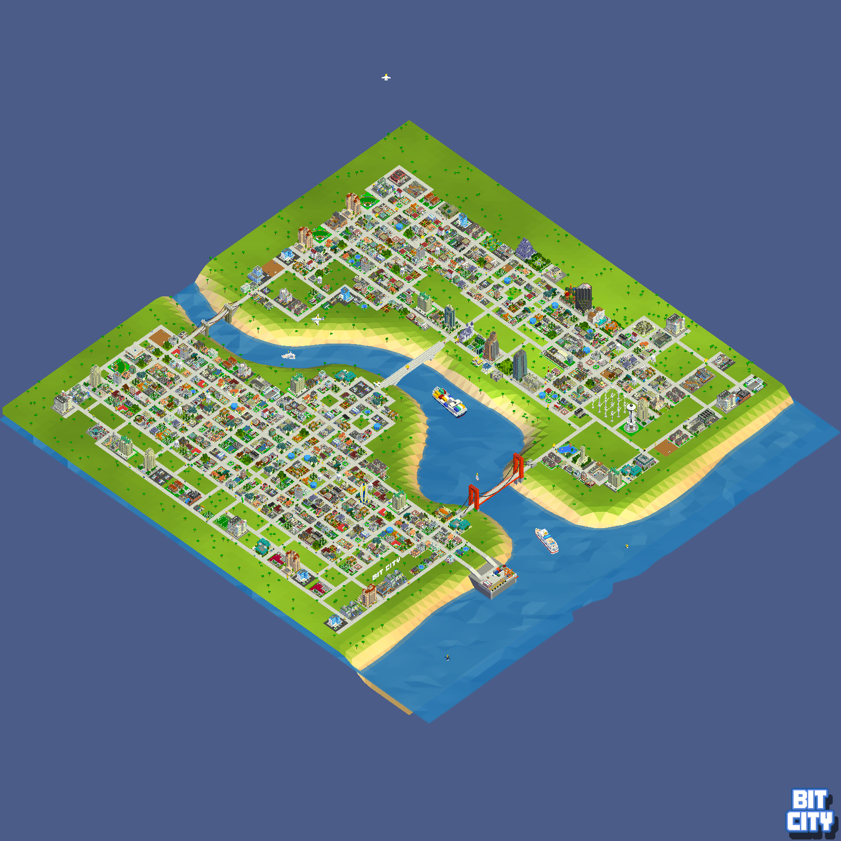 A photo taken from Bit City's camera, showing my complete Level 8 city, "Bit City".