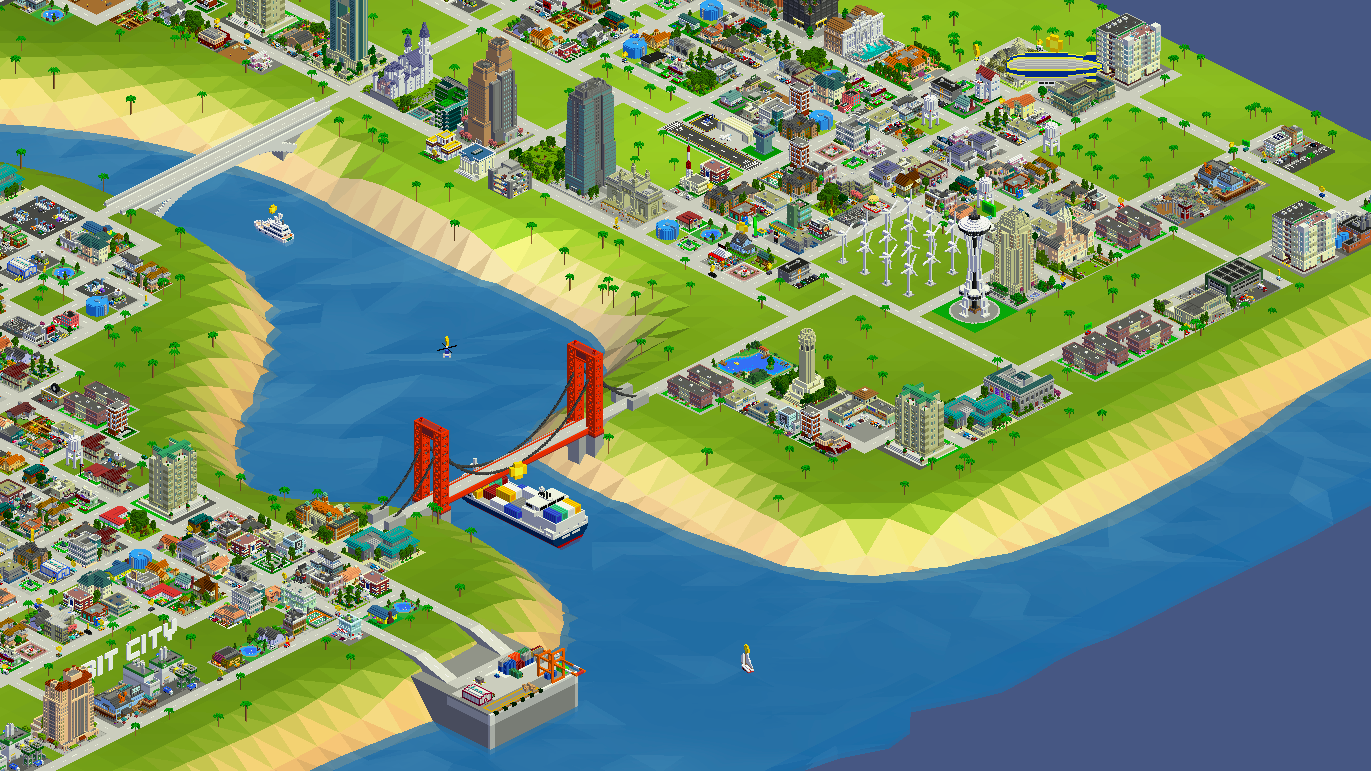 A screenshot of Bit City, showing a Level 8 city with multiple boats, planes, and cars moving through. Some feature coins or bux you can get.