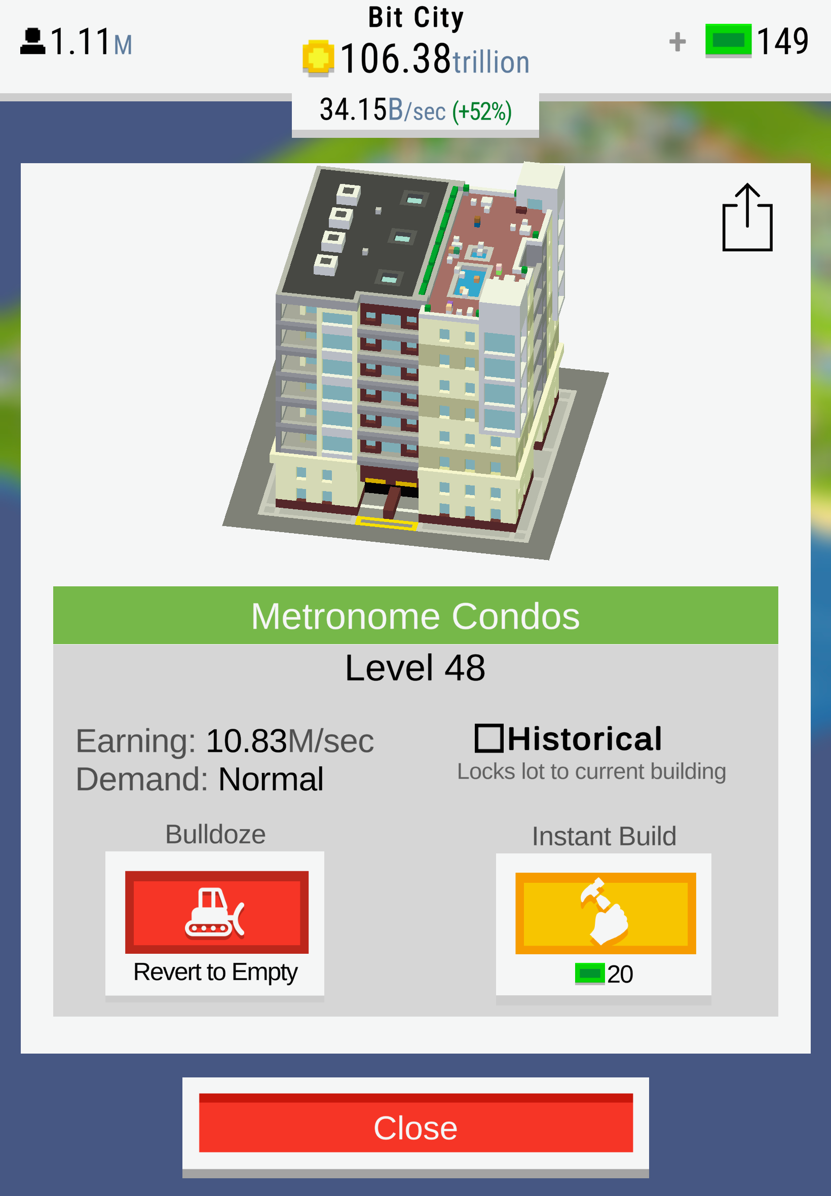 A screenshot of Bit City, showing the Metronome Condos, a large residential building. It's a white and red apartment with a pool area at the top.