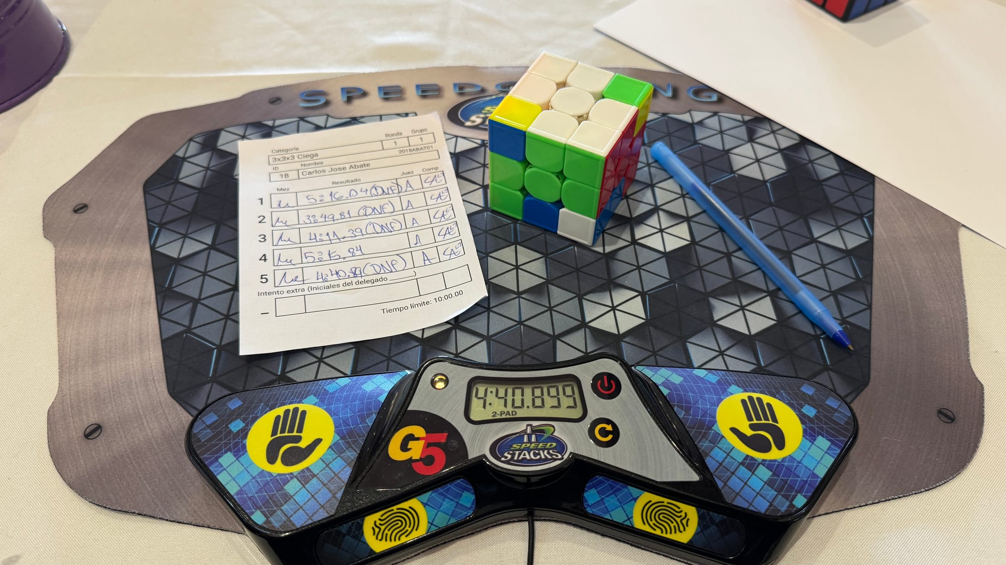 My 3BLD ao5 in SD Summer 2026. All of them were DNFs except my fourth solve, a 5:15.84.