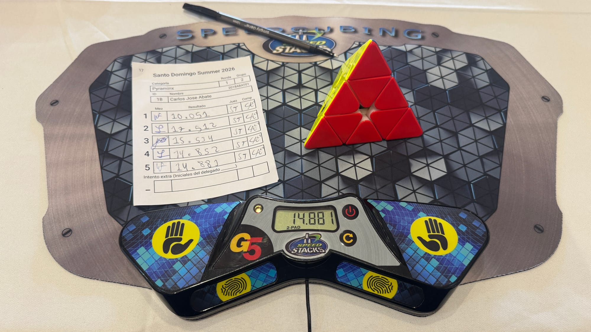 My 15.09 Pyraminx average of 5 for SD Summer 2026. (10.05), (17.51), 15.53, 14.85, 14.88