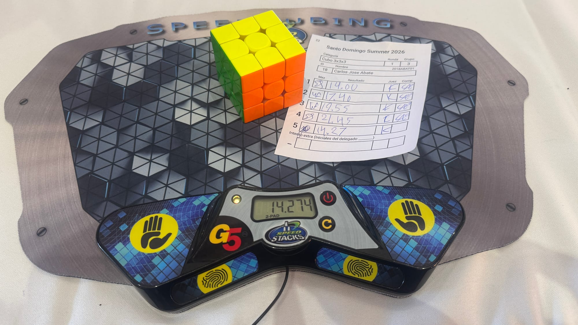 My 17.07 3x3 Round 1 average for SD Summer 2026. (14.00), 17.40, 19.55, (21.45), 14.27.
