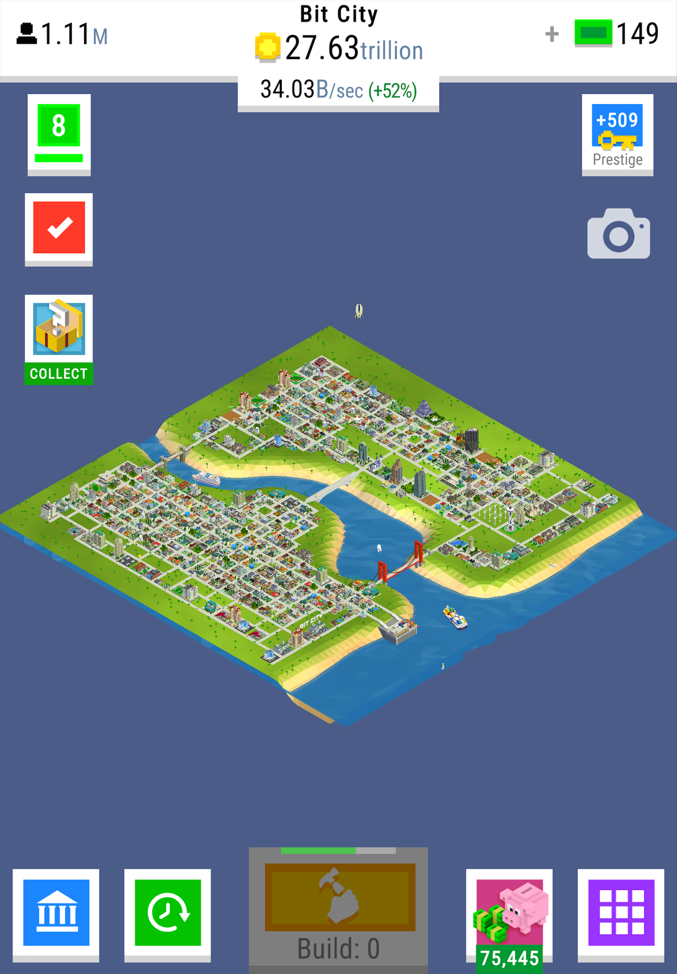 A direct screenshot of Bit City right after I built the final building in my Level 8 city.