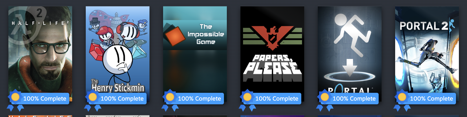 A section of my gallery on Steam with the games I 100%'d. These include Half-Life 2, The Henry Stickmin Collection, The Impossible Game, Papers Please, Portal, and now Portal 2.