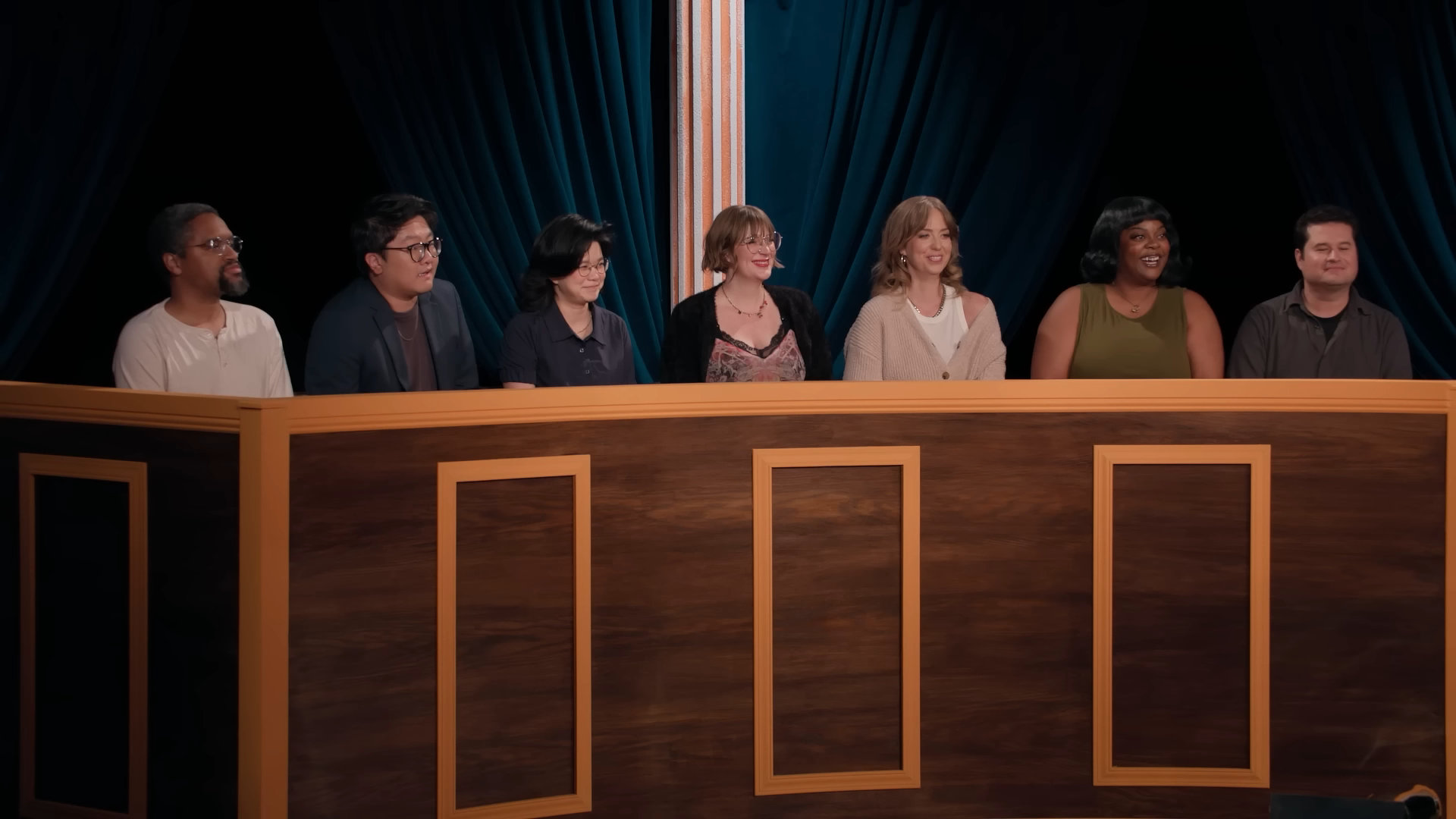 A screenshot of Game Changer S8Ep04, "Kangaroo Court". It featured the jury composed of Geoff Ross, Tao Yang, Alex Song-Xia, Carolyn Page, Alexis Rhiannon, Rashawn Nadine Scott, and Mike Trapp.
