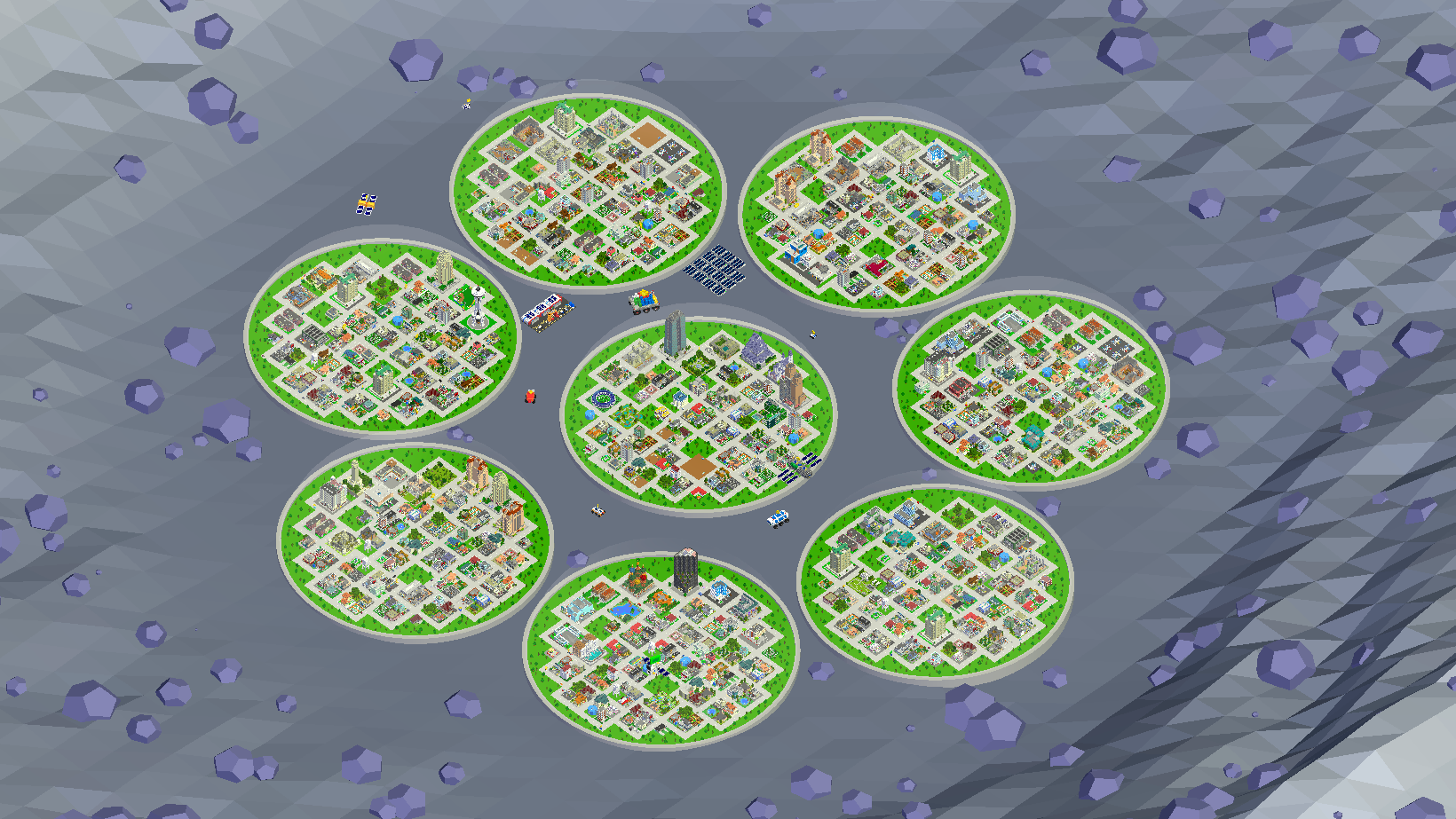 A screenshot of my fully populated Level 16 City in Bit City. There are six satellites flying around it, and five rovers circling it.