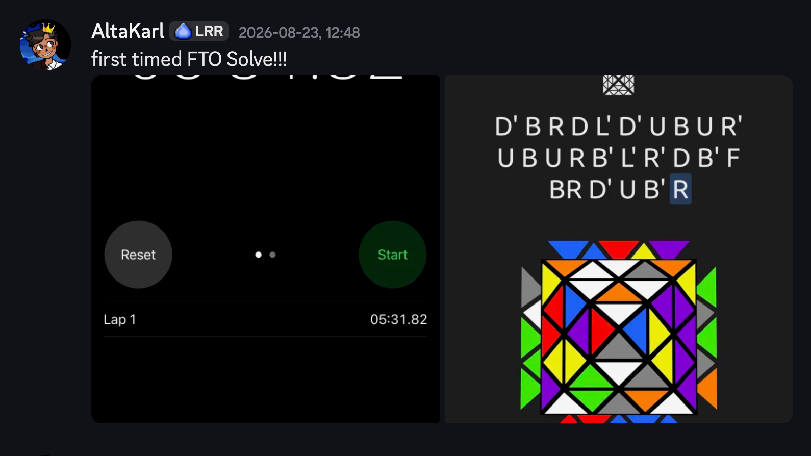 A Discord message showing my first timed FTO solve. A 5:31.82 with the following scramble: D' B R D L' D' U B U R' U B U R B' L' R' D B' F BR D' U B' R