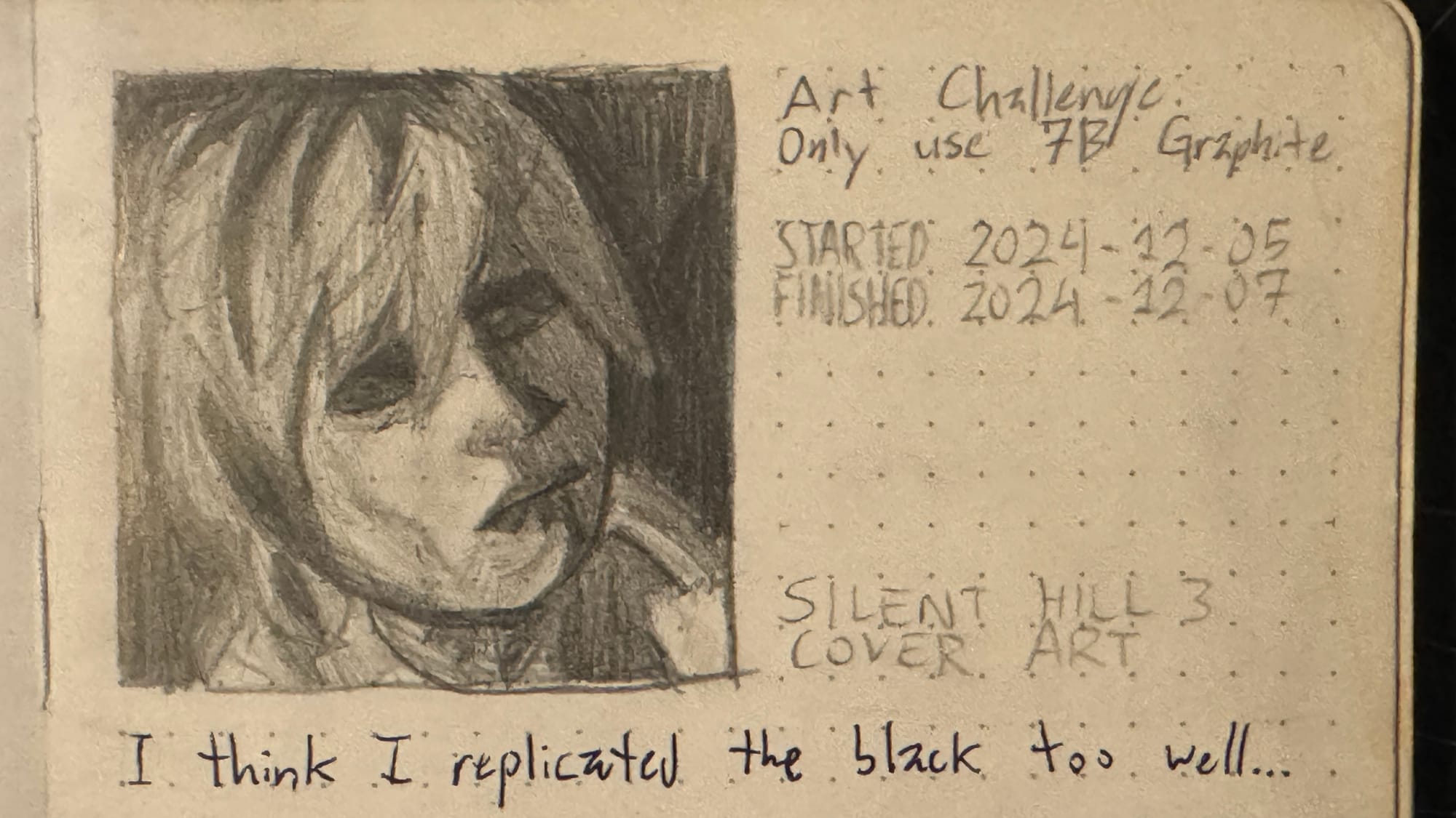 A drawing of Heather Mason done in 7B graphite based on the Silent Hill 3 European cover art. It's dated December 7, 2024.