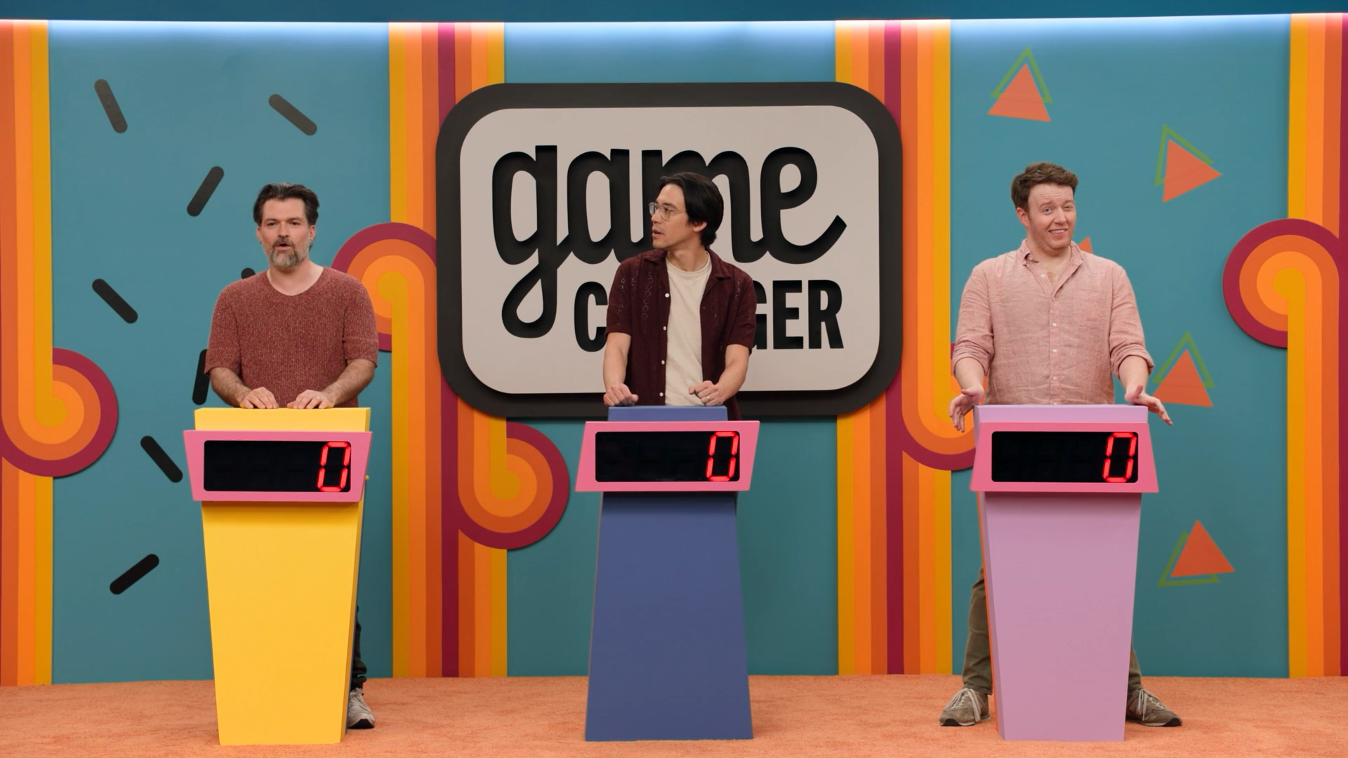 A screenshot of Game Changer S8Ep06, "Noise Some Makes", featuring Josh Ruben, Zac Oyama, and Brennan Lee Mulligan in their irregular podiums.