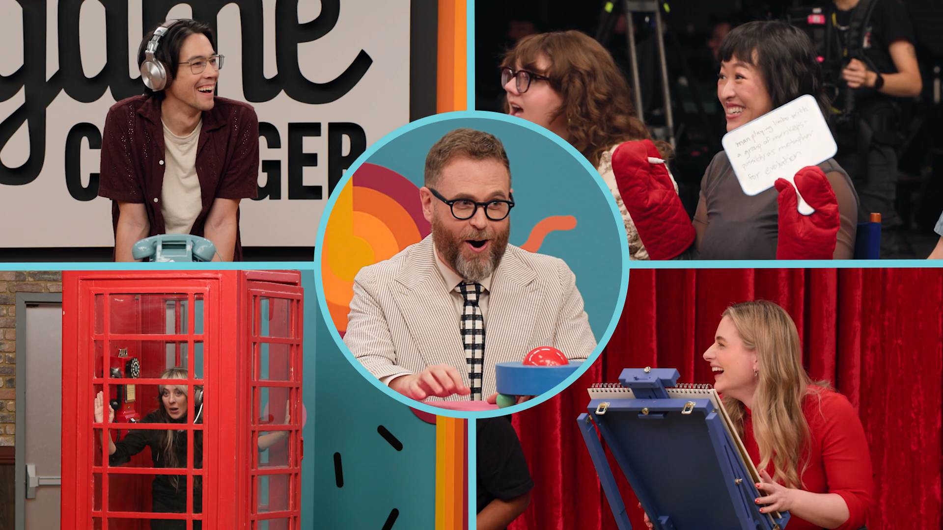 A screenshot from Game Changer S8Ep06, "Noise Some Makes". It features a split screen of Sam in the middle, and Zac Oyama, Lily Du, Lisa Hanawalt, and Kaylin Mahoney surrounding him, all looking positively shocked.