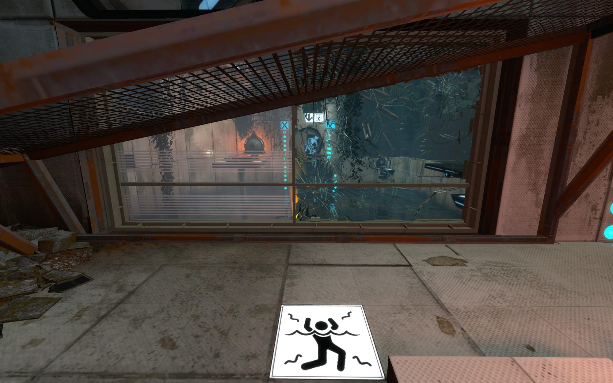 Advanced Chamber 13 from Portal Alive & Kicking. The platform to get to the door is broken, there is no cube at the start, and the entire chamber is decrepit and overgrown with vegetation.