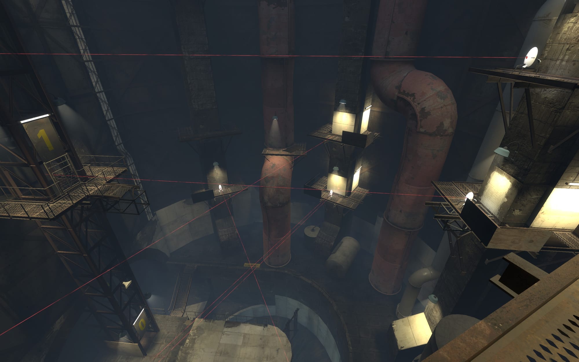 The turret "boss" room near the end of Portal: Alive & Kicking, it's a room with a bunch of pillars with scaffolding filled with turrets.