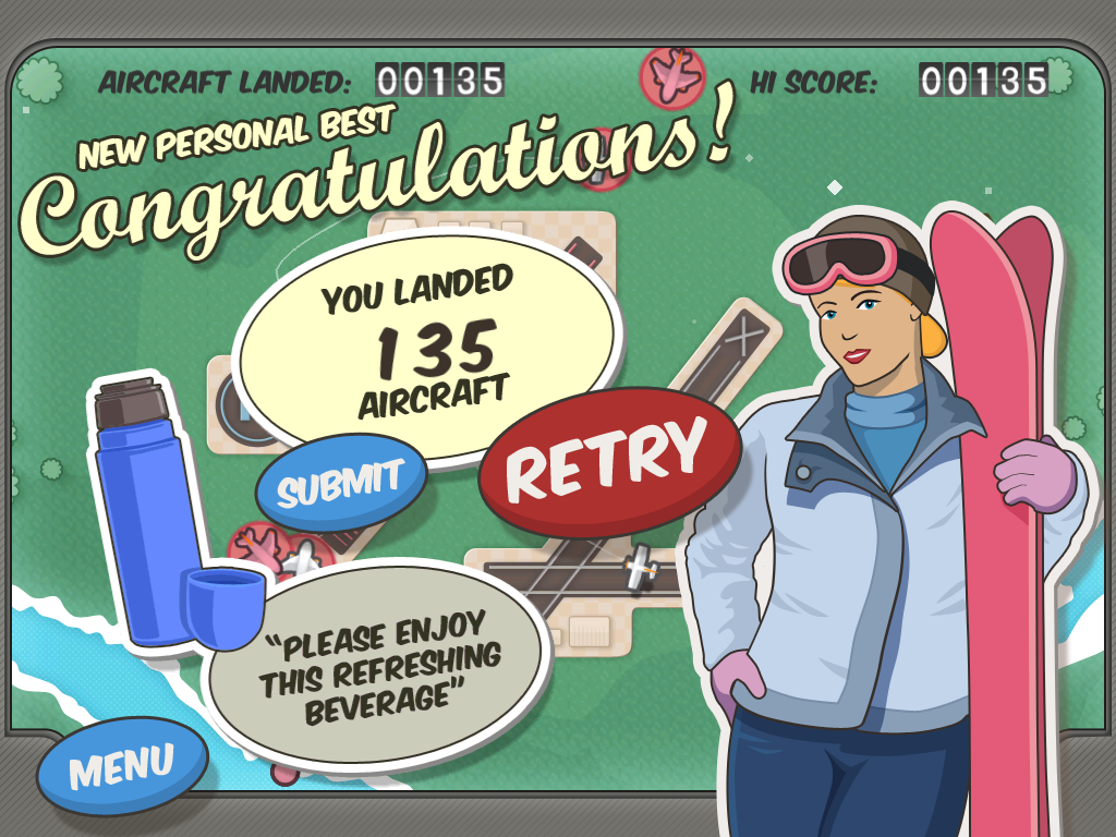 The congratulations screen for the Windy Airfield level in Flight Control HD. I landed 135 aircraft, a new personal best.