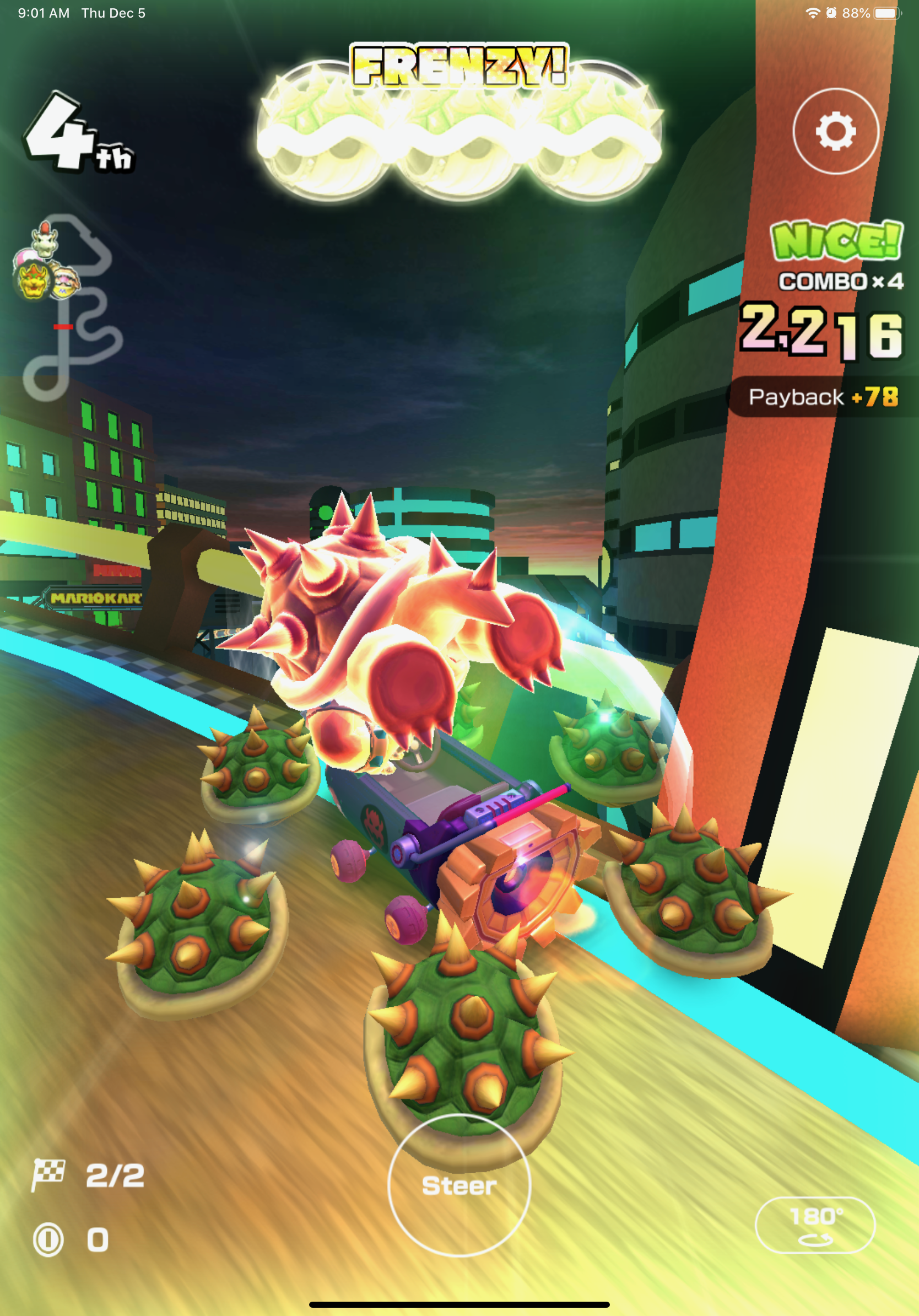 Bowser with a Bowser Shell frenzy in 3DS Neo Bowser City in Mario Kart Tour.