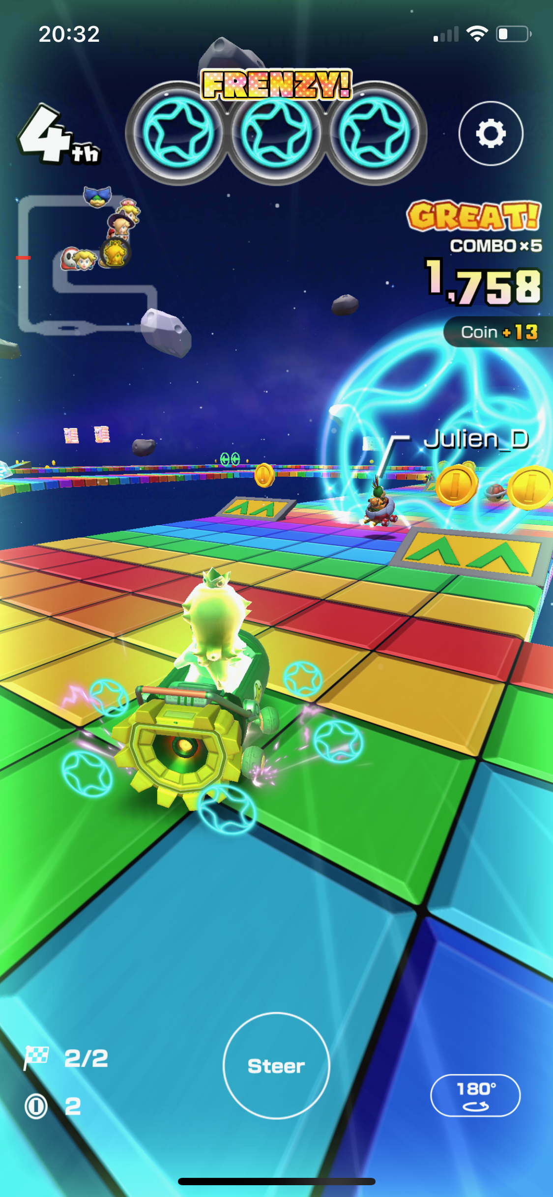 Rosalina with a Dash Ring frenzy in SNES Mario Circuit in Mario Kart Tour.