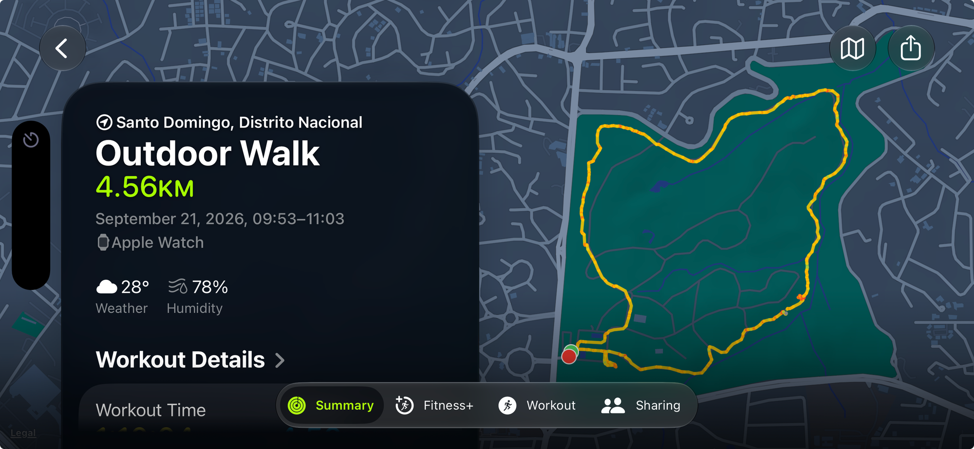 A screenshot of my Outdoor Walk workout when I walked through the Jardín Botánico Nacional de Santo Domingo with my dad. We walked 4.56 km in 1h 10m 04s, on September 21, 2026, from 09:53–11:03.