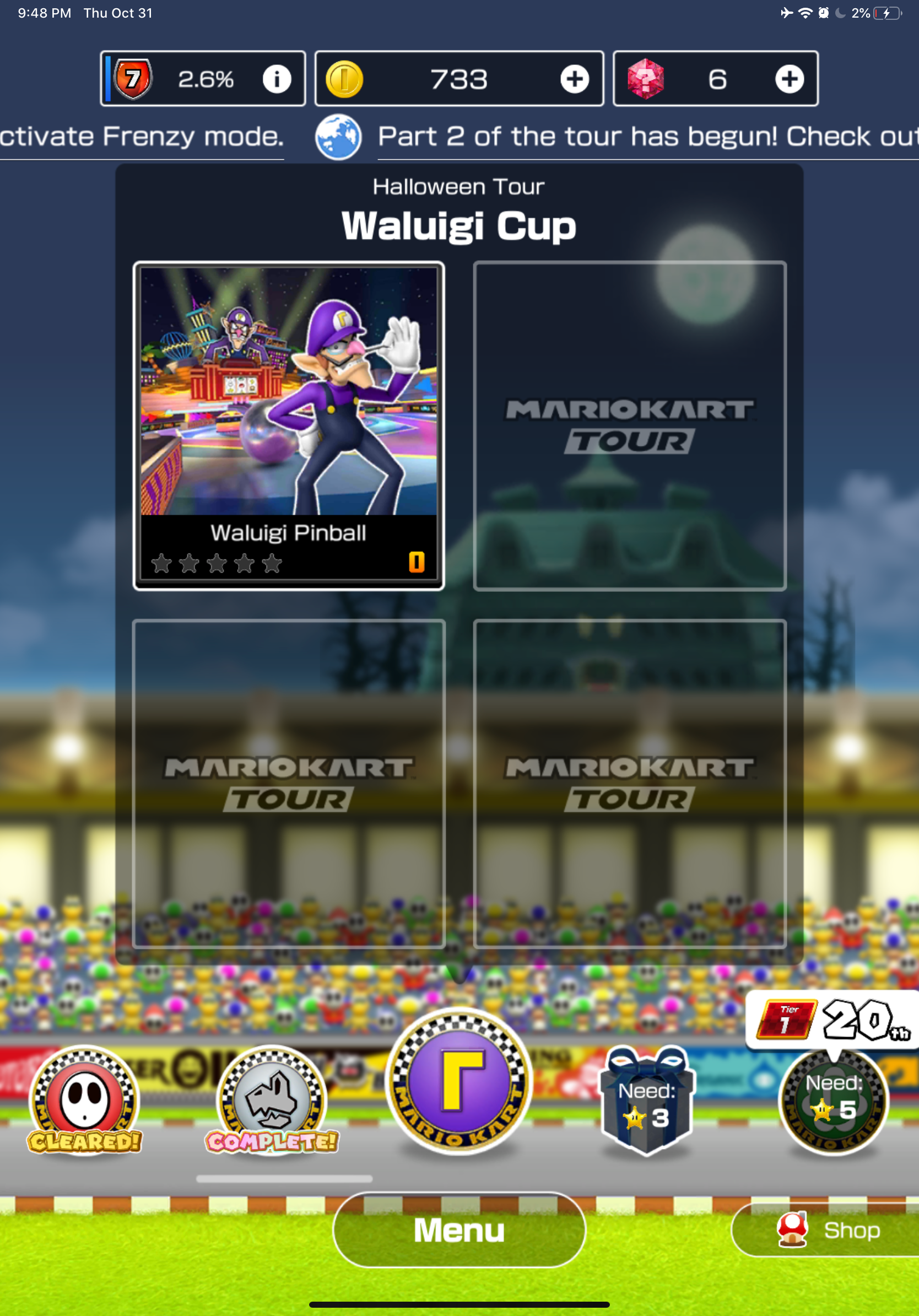 The Waluigi Cup in the original Halloween Tour of Mario Kart Tour. Only the first track is unlocked, Waluigi Pinball.
