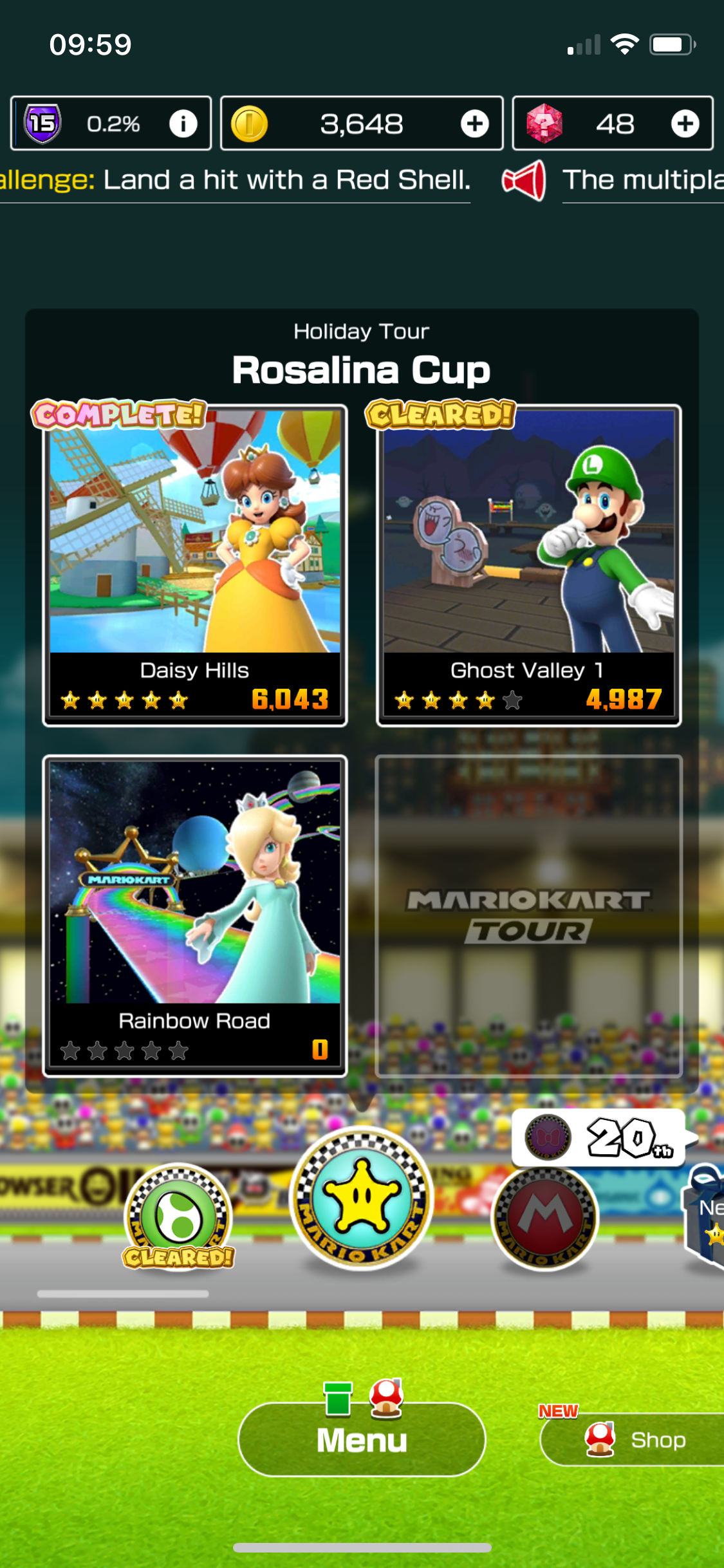 The Rosalina Cup in the original Holiday Tour in Mario Kart Tour. Three tracks are unlocked, including Daisy Hills (with a score of 6,043), Ghost Valley 1 (with a score of 4,987), and [3DS] Rainbow Road.