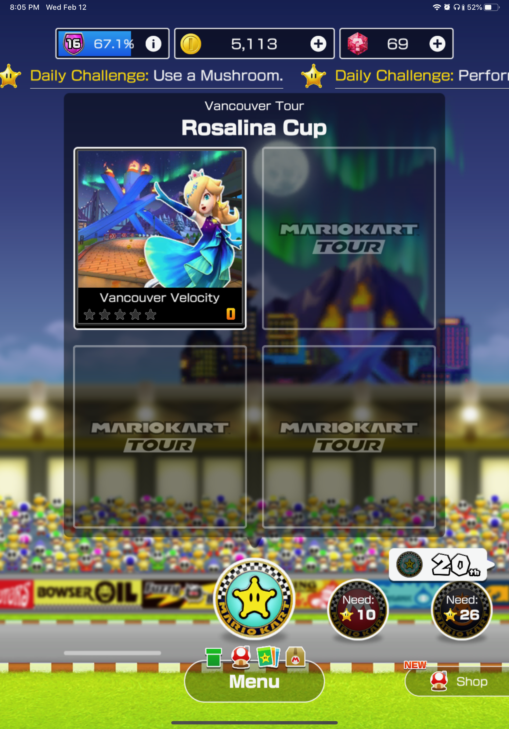 The Rosalina Cup in the Vancouver Tour in Mario Kart Tour. Only the first track is unlocked, Vancouver Velocity.