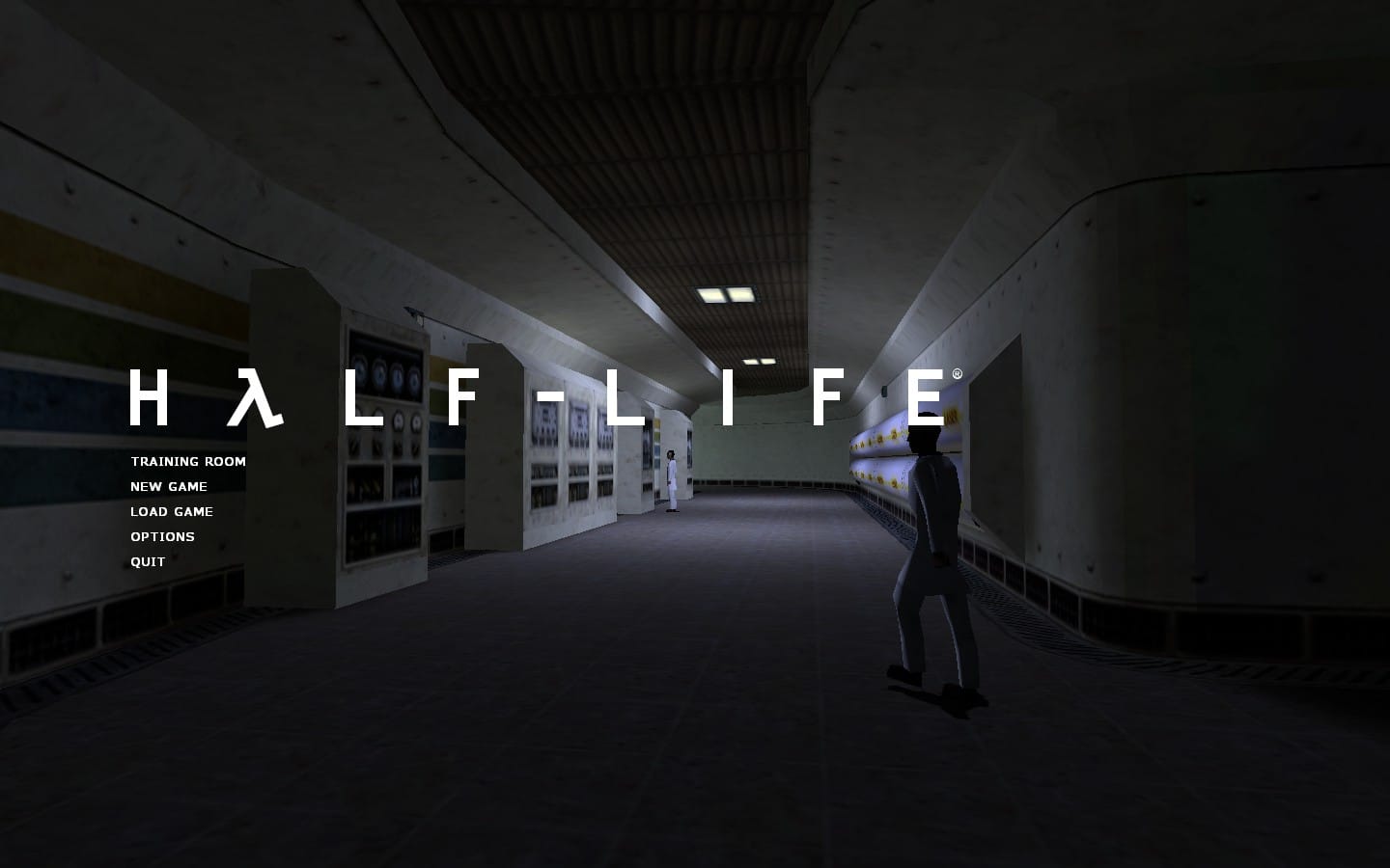 Half-Life: Source title screen with background02. Two scientists are walking around a dimly-lit hall in the Black Mesa Research Facility, before the incident.