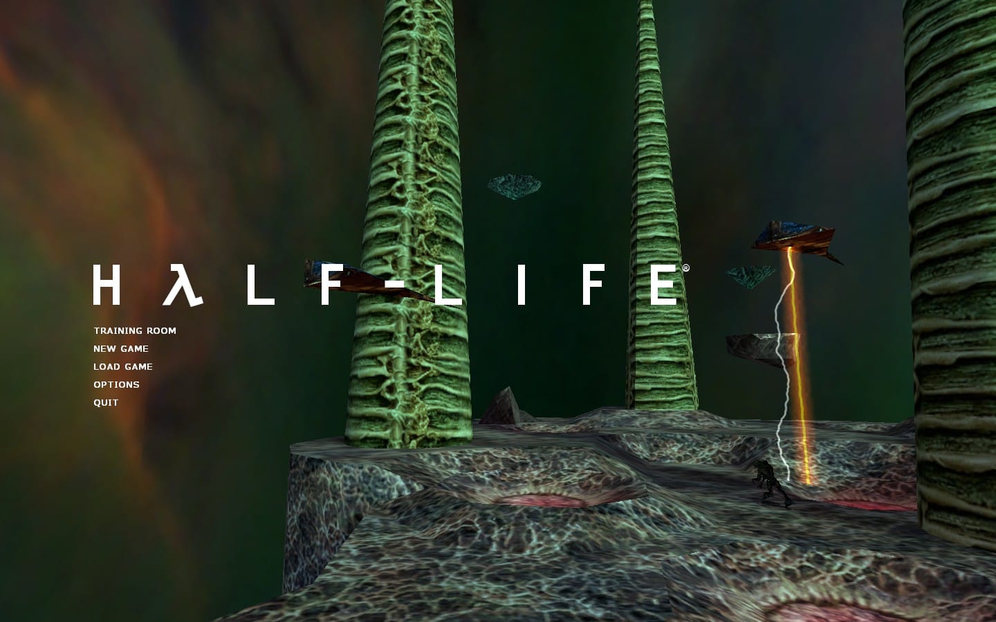 Half-Life: Source title screen with background15. Two alien crafts are flying, the rightmost one is shooting an orange laser, and a vortigaunt is wandering the surface of the island.