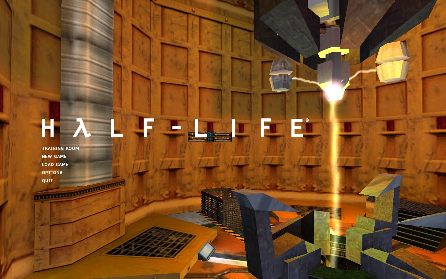 Half-Life: Source title screen with background03. It shows the large orange test chamber with the anti-mass spectrometer activated, emitting a bright yellow beam.