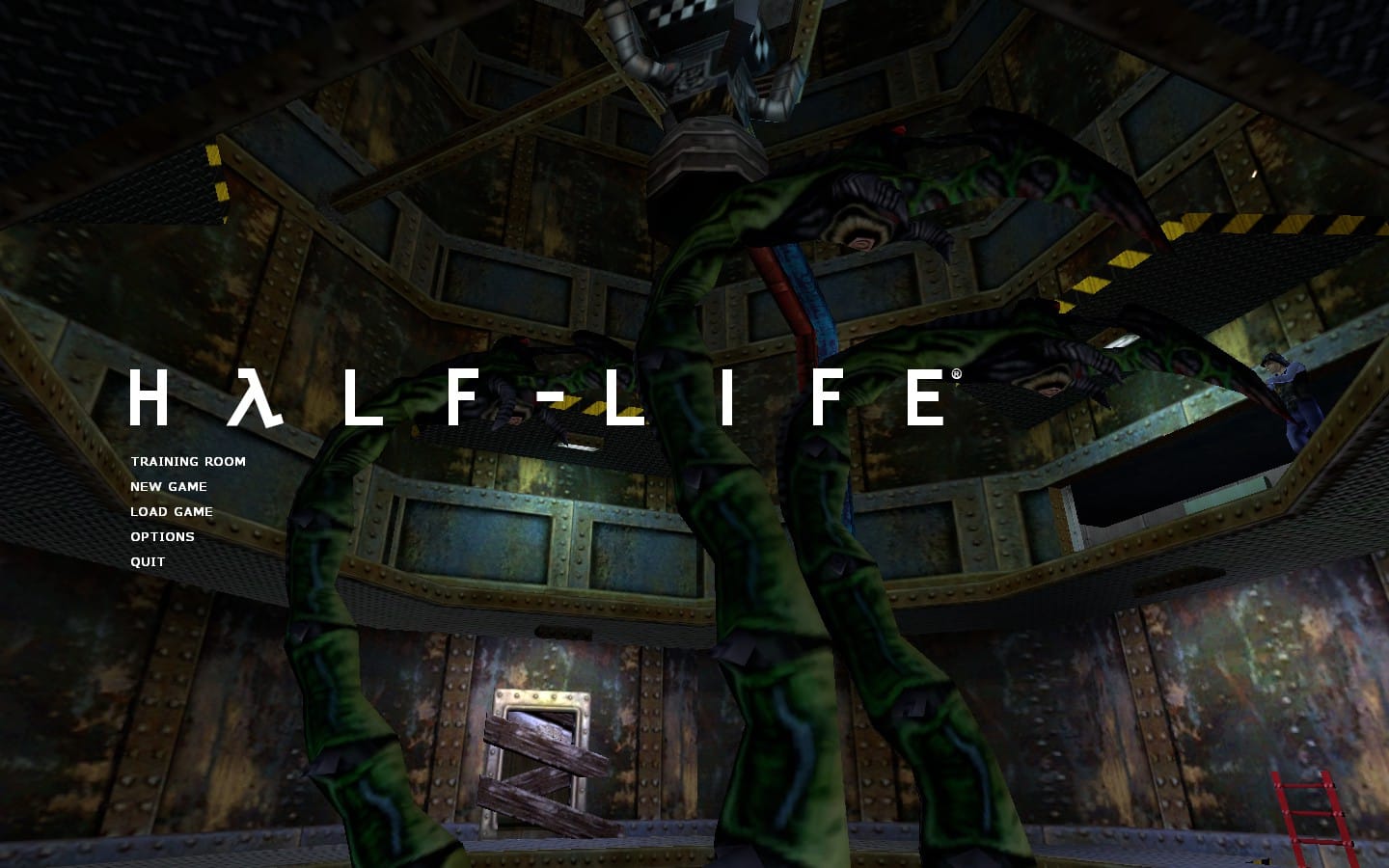 Half-Life: Source title screen with background07. It shows the abandoned rocket silo in Blast Pit which is infested by three tentacles, who are trying to attack a security officer.