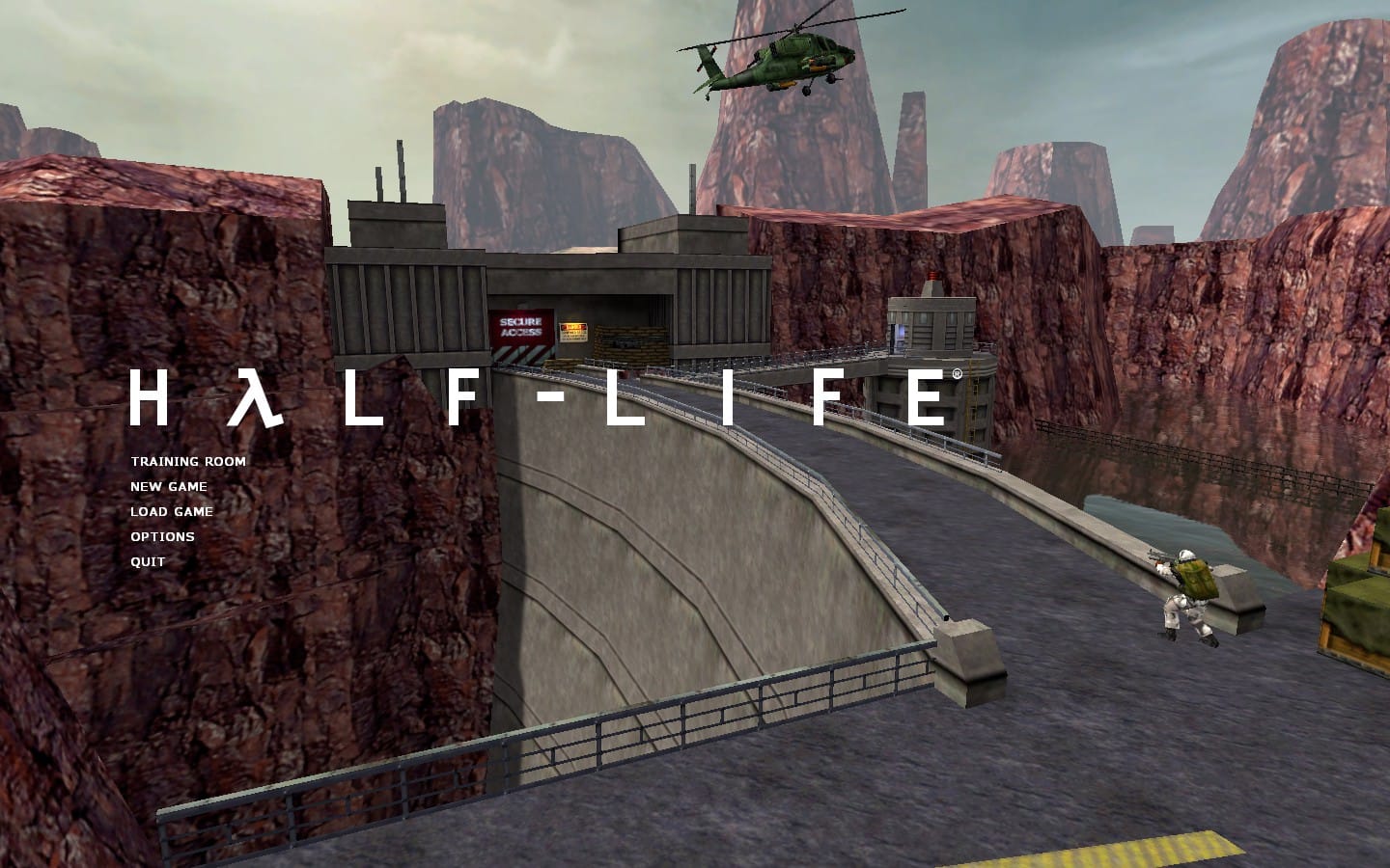 Half-Life: Source title screen with background12. Two H.E.C.U. grunts are patrolling a hydroelectric dam as an Apache helicopter flies over.