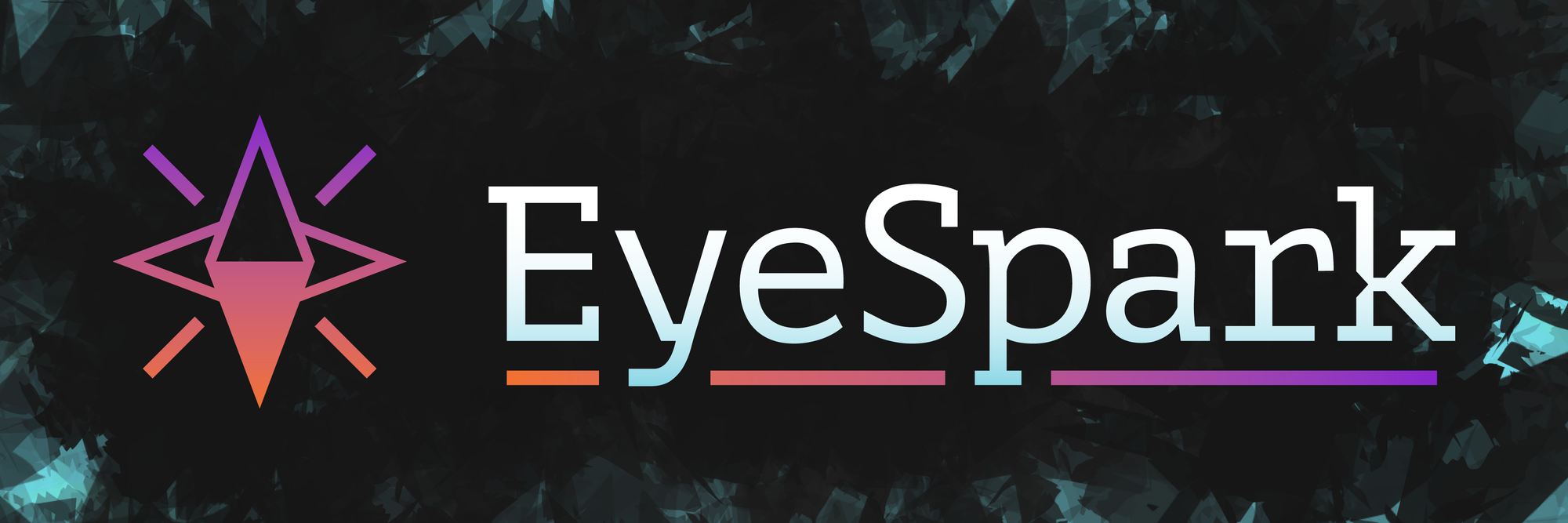 The Spooky EyeSpark logo and wordmark. The logo and stripe below the wordmark go from purple to orange, the the gradient of the wordmark goes from white to cyan.
