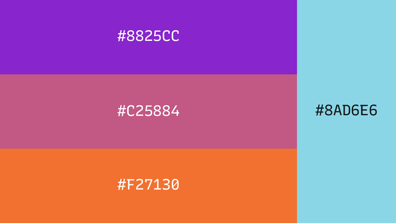 The specific colours for the EyeSpark Spooky palette. The purple is #8825cc, the orange is #f27130, the pink in the middle is #c25884, and the accent cyan is #8ad6e6.