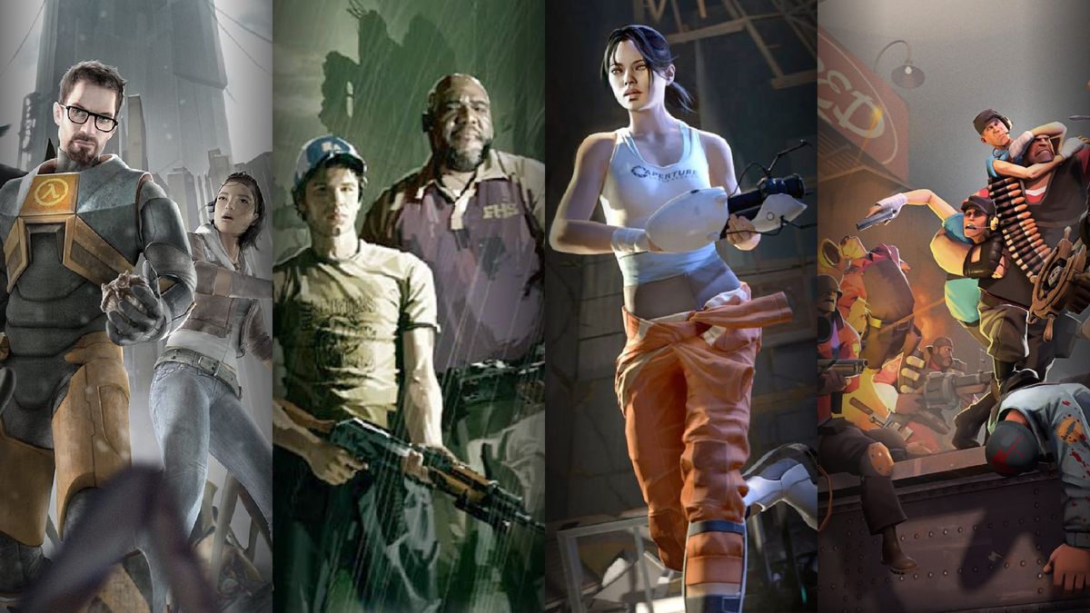 Posters of the Valve games Half-Life 2, Left 4 Dead 2, Portal 2, and Team Fortress 2.