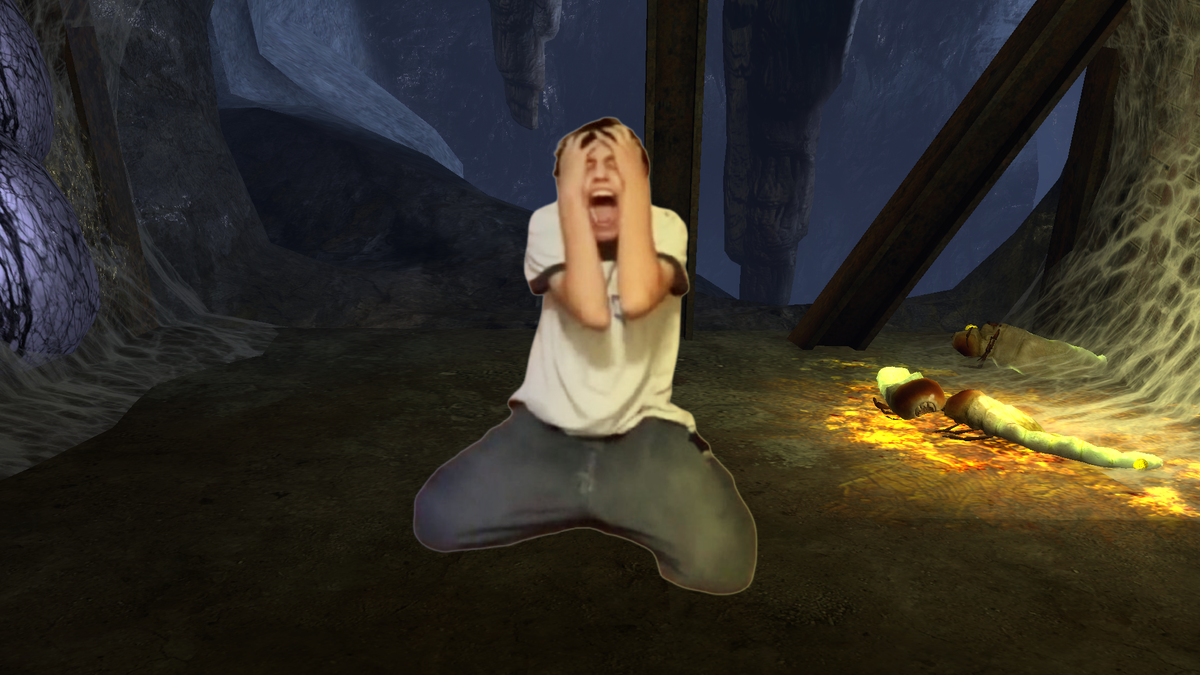 Literally me. Am image of a guy on his knees screaming, edited to be in the mines of Half-Life 2: Episode Two.