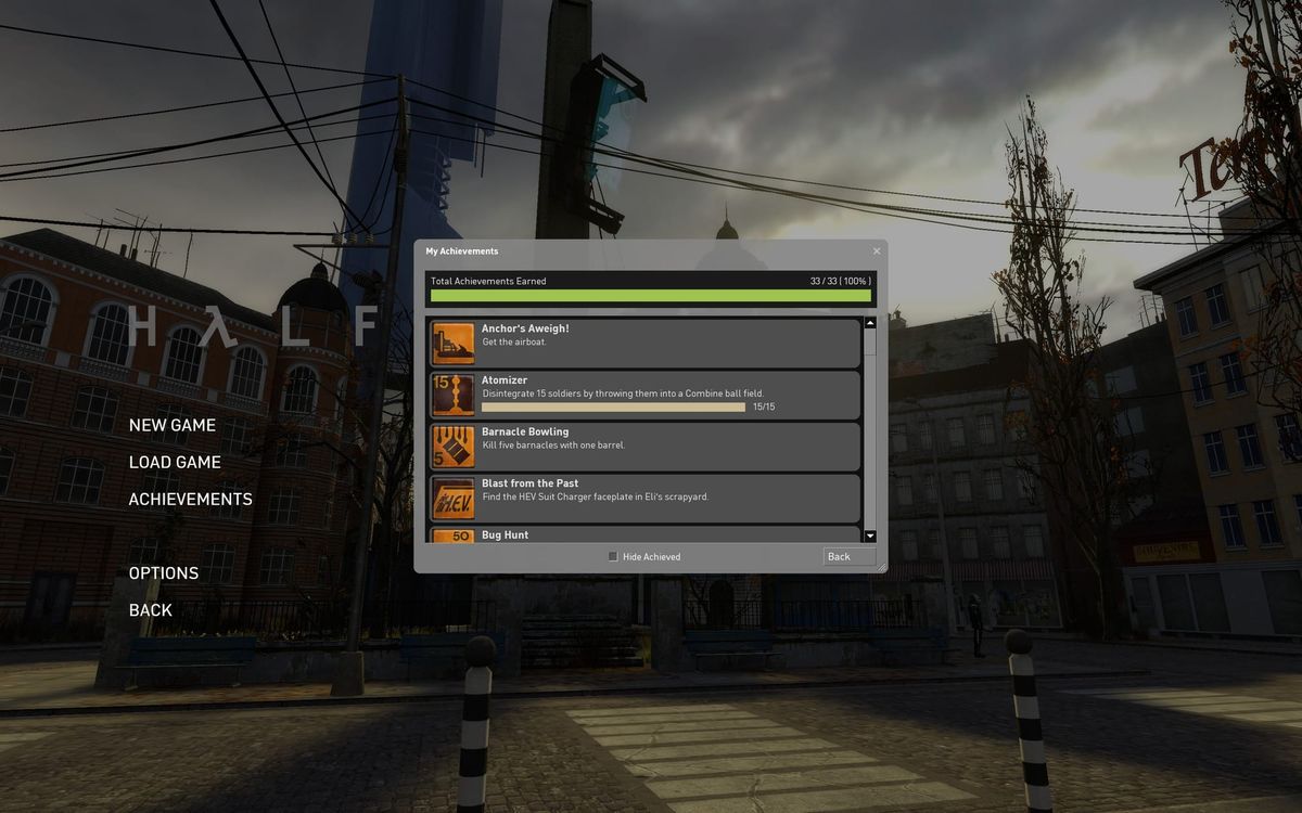 The achievement screen for the game, showing 33/33 of the achievements as complete.