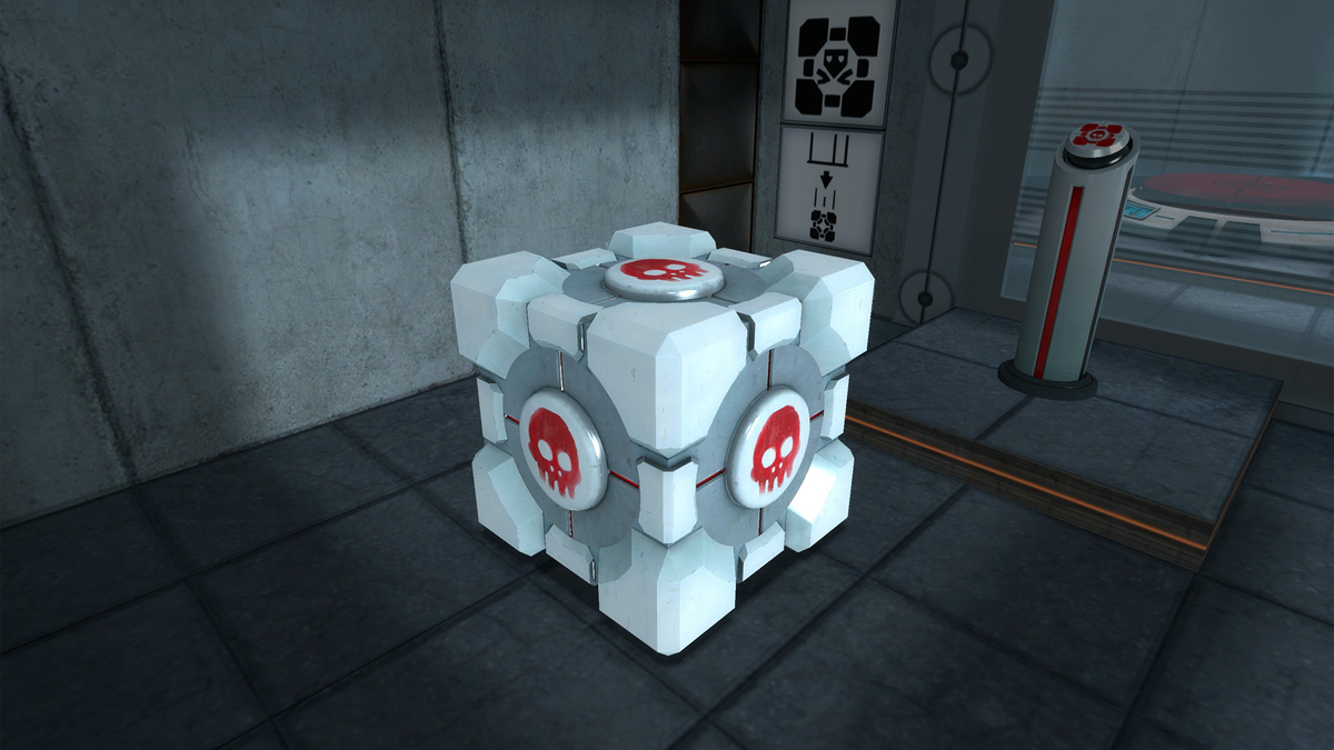 The Death/Skull Cube in (Advanced) Chamber 3 of Portal: Still Alive Enhanced. The image is darkened except for the cube itself, making it pop out a bit.