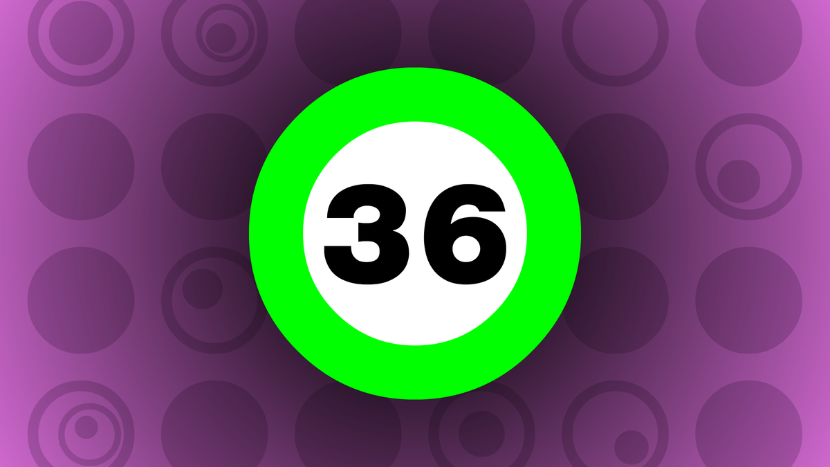 A green circle with a number 36 behind a pink background.