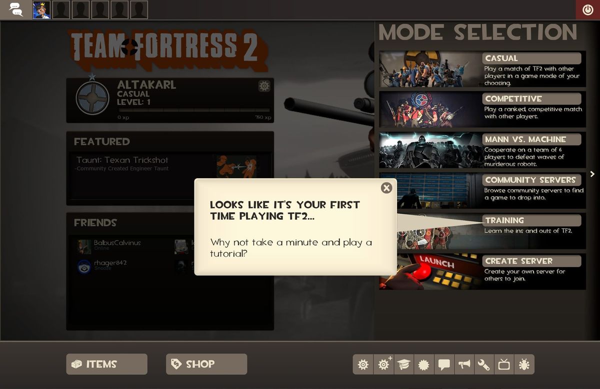 The main menu of Team Fortress 2, with a pop-up reading "Looks like it's your first time playing TF2… / Why not take a minute and play a tutorial?"