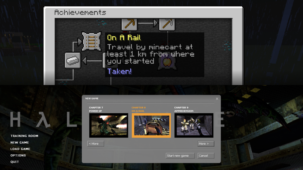 A collage of two screenshots. The first one of old Minecraft, highlighting the On A Rail achievement. The second image is of Half-Life: Source, highlighting Chapter 8, On A Rail.