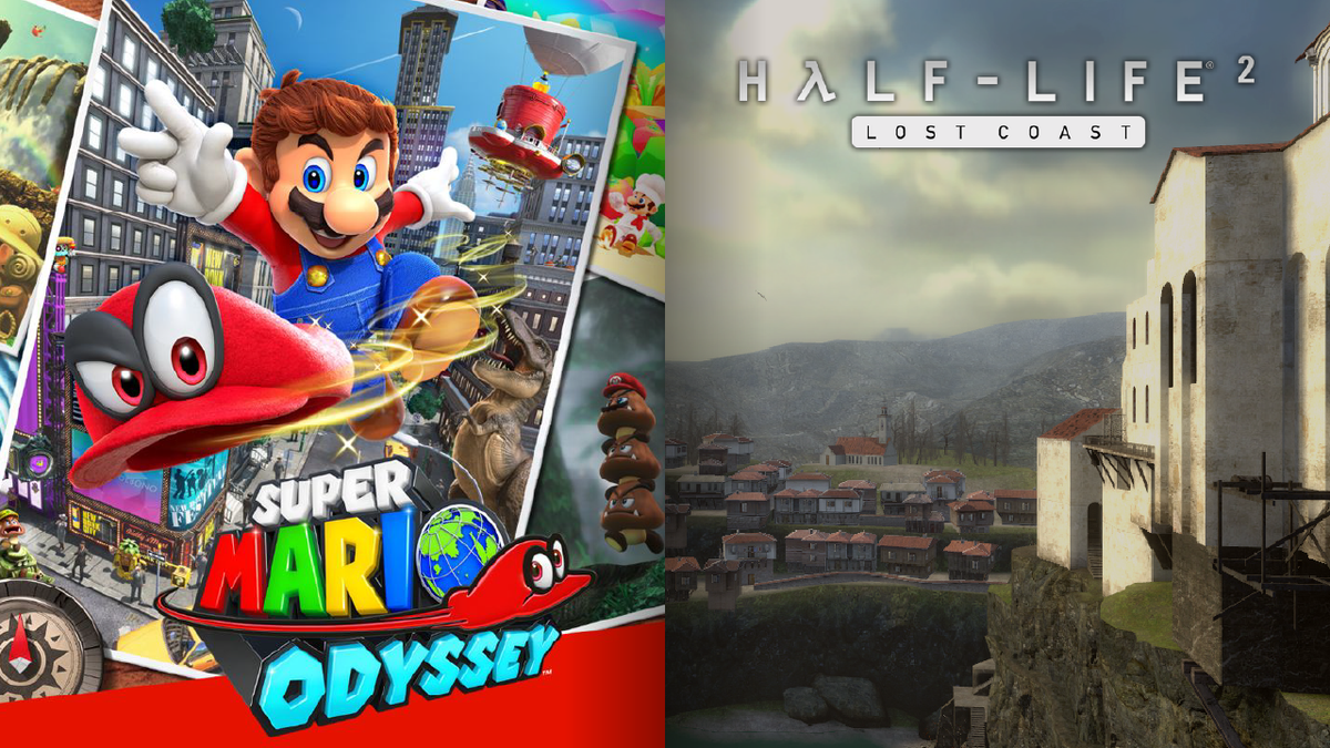 A college of the cover art of Mario Odyssey, and a screenshot of Half-Life 2: Lost Coast.