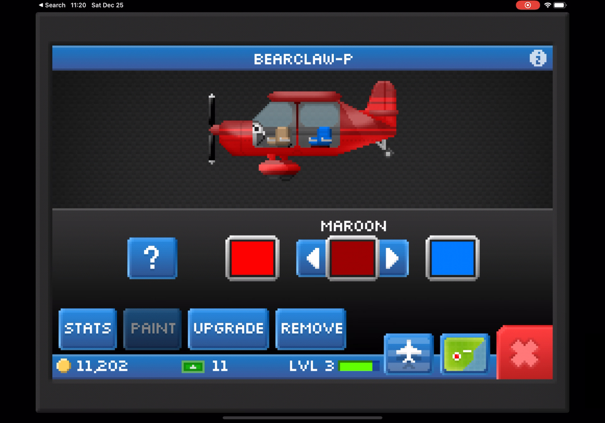 A screenshot of Pocket Planes from December 2021. A plane is selected and being repainted.