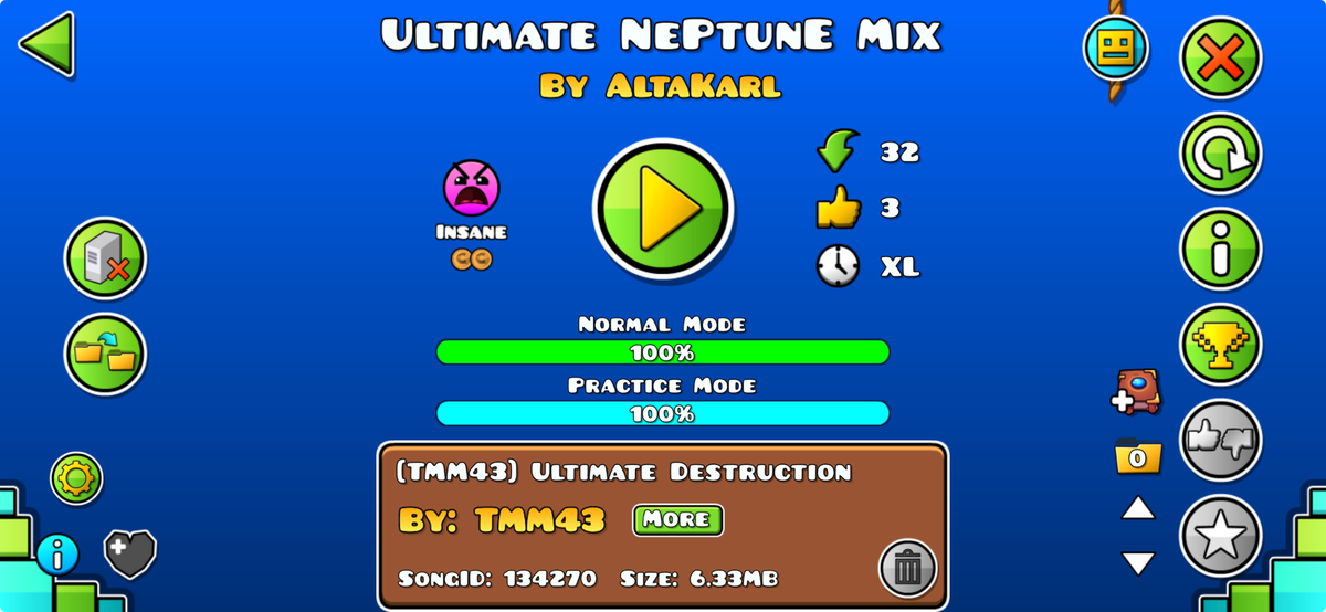 The main menu screen for Ultimate NePtunE Mix by AltaKarl in Geometry Dash.