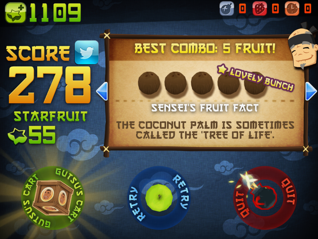 The ending screen of a game of Zen in Fruit Ninja HD, showing the Lovely Bunch combo.