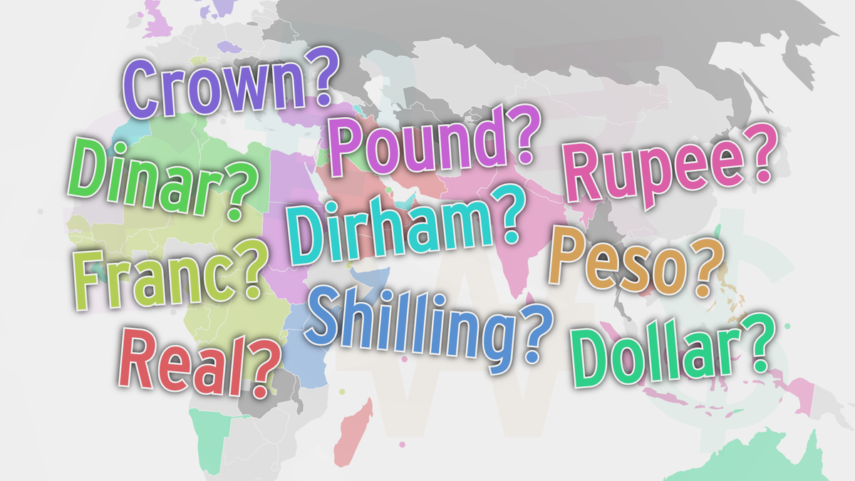 Zoomed in section of the Currency Names map with names of different currencies plastered into on it.