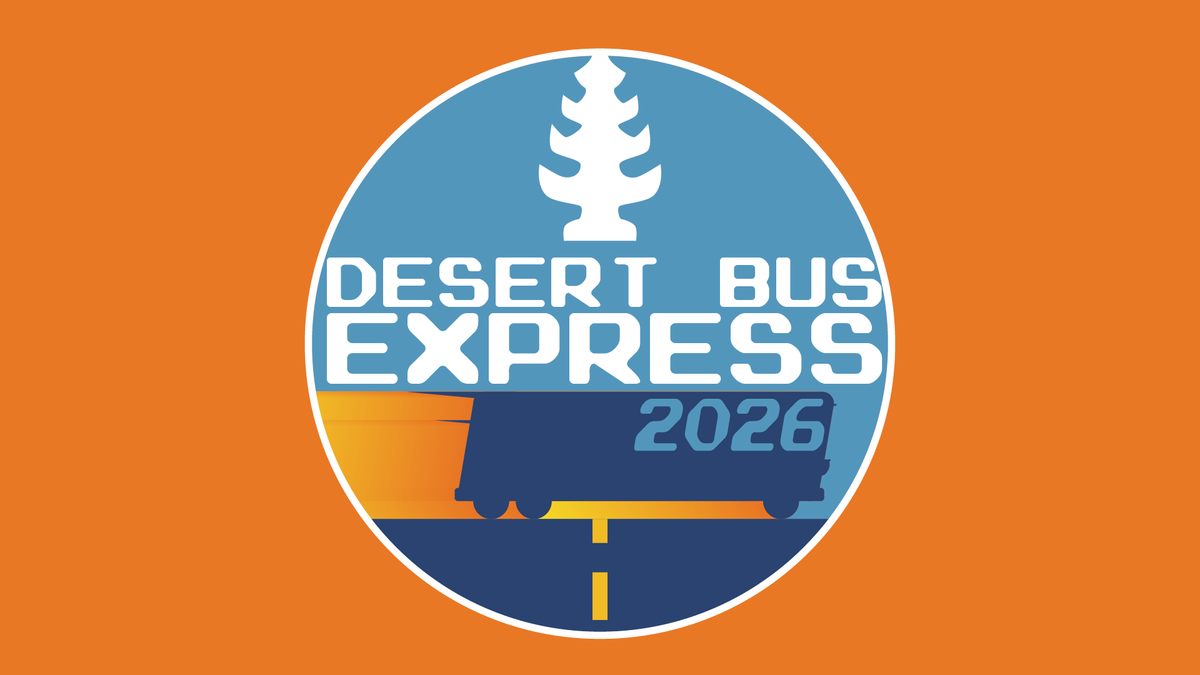 The Desert Bus Express 2026 logo in an orange background.
