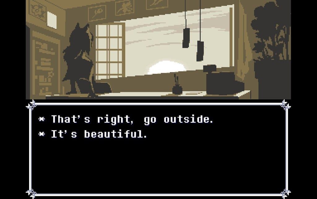A screenshot from Deltarune Chapter 5. The shopkeeper on the cliff is saying "That's right, go outside. It's beautiful."