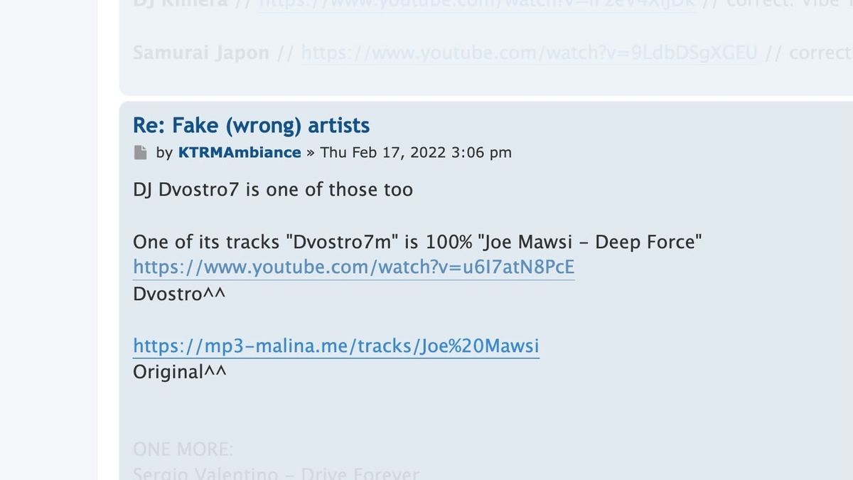 A screenshot of the WatZat forums where I found Song 3 of Bit City: Deep Force by Joe Mawsi.