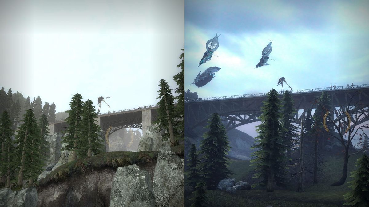 A composite image of the release and beta versions of the bridge in the canyon map in Half-Life 2: Episode Two.
