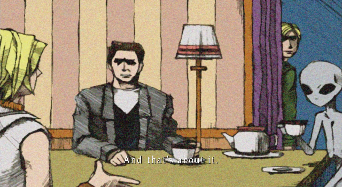 A screenshot from the UFO Ending of Silent Hill 3, Heather/Cheryl Mason is sitting on the dining table saying "And that's about it".