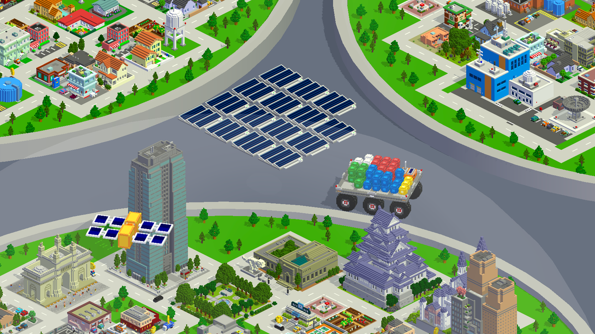 A photo from Bit City, showing a zoomed in view of the city. It shows solar panels, a Science Satelite flying around, and a Cargo Drone rover making its way between domes.